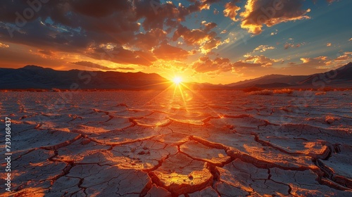 Arid desert floor where shifting sands form transient collagen structure patterns with the setting sun casting a warm glow over the landscape