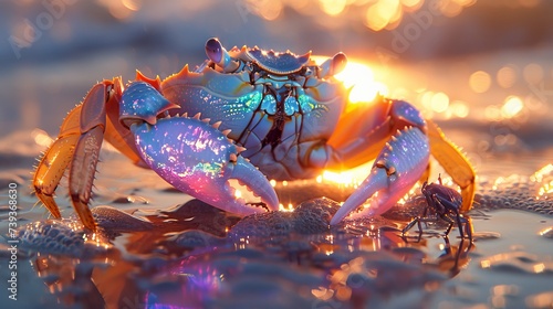 An opal on a sandy beach at sunset casting rainbow shadows on the sand with a pair of crabs exploring the colorful terrain