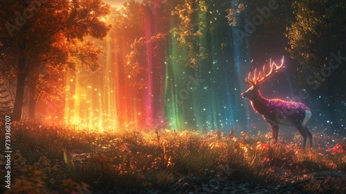 An opal in a forest clearing casting rainbow light on the surrounding foliage with a curious deer peering into the colorful glow