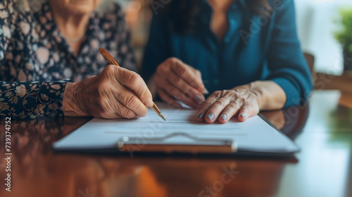 Gros plan sur une femme âgée en train de signer un document pour une donation de son vivant.