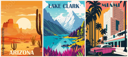 Set of Travel Destination Posters in retro style. Arizona, Lake Clark, Alaska, Miami, USA prints. American summer vacation, holidays concept. Vintage vector colorful illustrations.