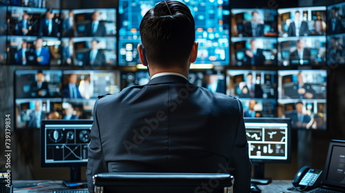 Man monitoring multiple surveillance screens in a security control room, overseeing safety.