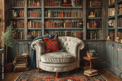 A cozy den, adorned with a stylish bookcase and comfortable couch, invites you to curl up with a good book and escape into the world of literature