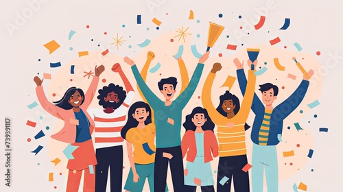 An animated illustration of a diverse group of people celebrating together, with confetti and festive elements representing joy and success. Diverse Group Celebrating Success with Confetti 