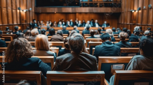 A courtroom filled with anxious stakeholders during a lawsuit