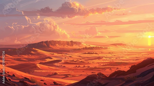 A breathtaking sunset bathes a vast desert landscape in a warm glow, highlighting the dramatic cloud formations and distant mountains. Sunset Illuminating Vast Desert Landscape