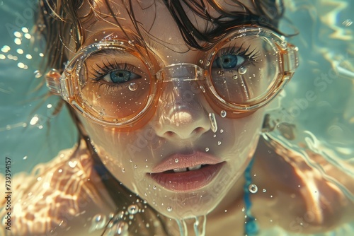A bespectacled woman gracefully glides through the tranquil depths of a swimming pool, her face serene and determined as she explores the underwater world