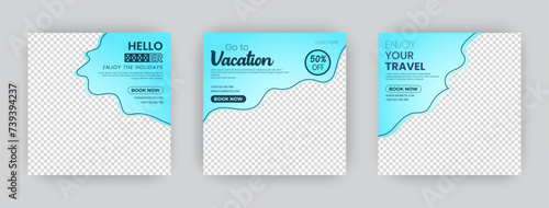 Summer Vacation Template set of three holiday tourism international travel social media flat poster design. web banner, flyer, or poster for travel agency. Digital advertising banner promotion.