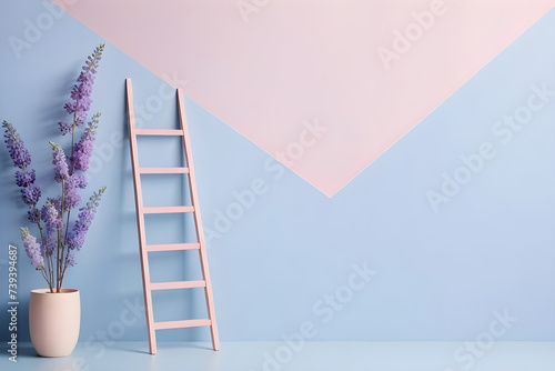 Cute ladder resting against an invisible wall, soft pastel tones comprising the background, gradient of blush to wisteria blue. Generative AI