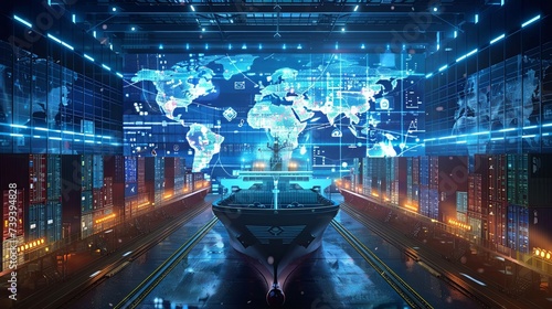 A high-tech cargo ship is docked in a futuristic port with digital world map interface, symbolizing global trade and cyber technology. Futuristic Cargo Ship in Cybernetic Global Trade Hub