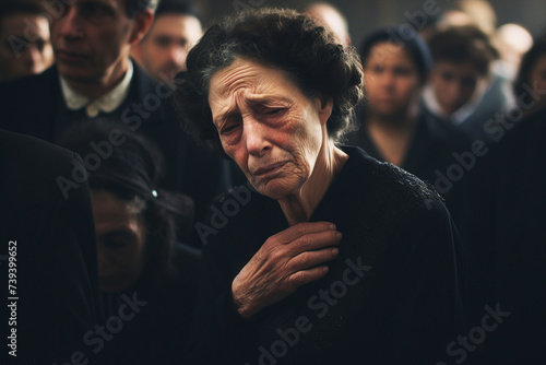 Portrait of a sad crying elderly woman at a funeral ceremony generative ai image