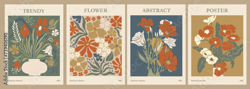 Set of abstract Flower Market Posters. Trendy botanical wall arts with floral design in Mid Century colors. Modern naive groovy funky interior decorations, paintings. Vector art illustration