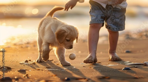 Adorabile cucciolo di golden retriever gioca con la palla con bambino sulla spiaggia