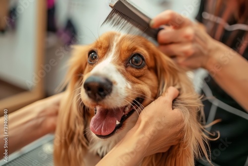 cane viene spazzolato con cura durante una visita al salone di toelettatura