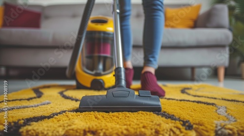 Closeup cropped image of a woman cleaning the carpet with vacuum cleaner in a modern apartment