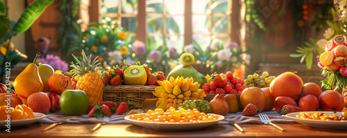 A dining table scene straight from a cartoon where characters and an abundance of fresh fruits create a picture of happiness and health