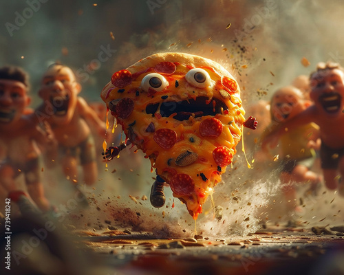 A pizza with arms and legs races after laughing people blending high speed chase with cartoonish fun