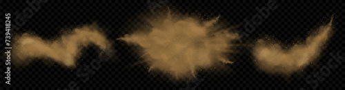 Dust powder. Sand dirt smoke or splash effect, mud texture overlay clouds wind and sandstorms. Brown flying particles, sandy desert, city smog realistic. Vector isolated on black background set