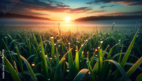 Misty sunrise over a lush field with dew on grass, glistening droplets reflecting the golden sunlight, a serene and refreshing start to the day.Landscape concept.AI generated.