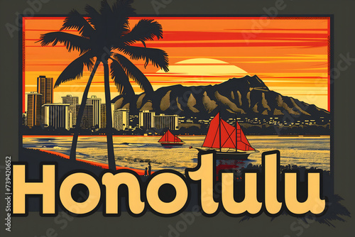 Vibrant Honolulu Cityscape at Sunset: Graphic Design Illustration with Honolulu's Breathtaking Skyline