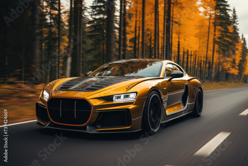 New and modern design Yellow sport car with black auto tuning on the road in jungle Generative AI