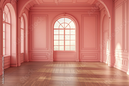 3d empty room with pink wall wooden floor and a window. interior of an empty pink studio room.