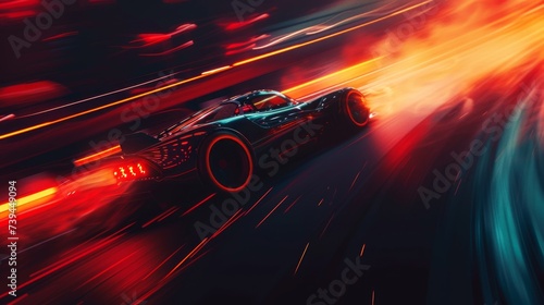 Sport car racing on the road with motion blur. Concept of fast driving. Race car driver leaning into a turn, surrounded by the blur of speed, tire smoke, and vibrant track lights. 