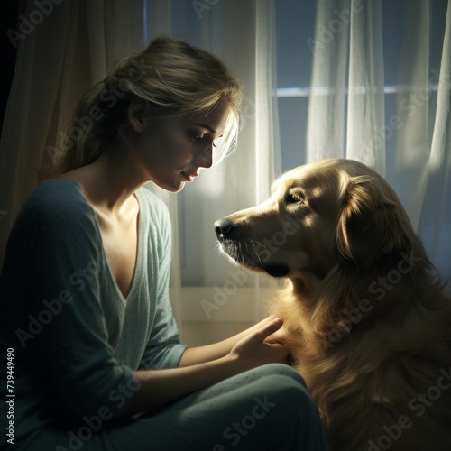 The pain of losing a beloved dog and communicating with its spirit. Soulful connection between a woman and her golden retriever in the golden hour light.