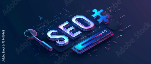 an isometric illustration with the letters SEO ,illustrating the concept of Search Engine Optimization.