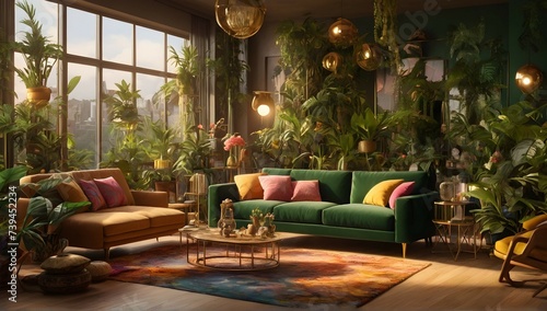 Architectural Digest photo of a maximalist green solarpunk living room with lots of flowers and plants, golden light, hyperrealistic surrealism, award winning masterpiece with incredible details