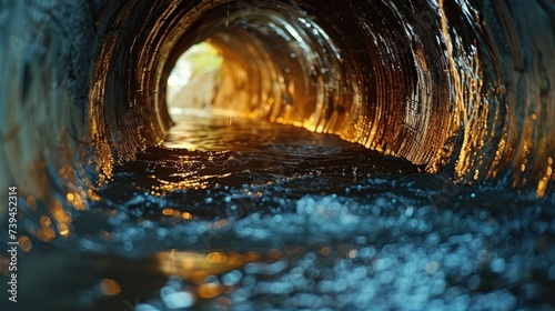 A long tunnel drainage with water gushing out of it, creating a powerful and dynamic scene. The water cascades down, creating a mesmerizing sight as it flows out of the tunnel opening