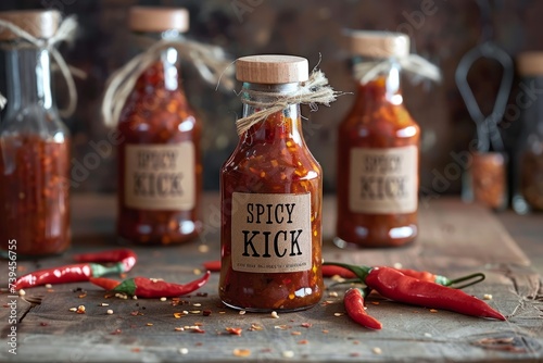 Product photography of a bottle of artisanal hot sauce with chili peppers, labeled with "SPICY KICK" --ar 3:2 --v 6 Job ID: 336ad9d8-b927-495c-a003-042ecf88e61c