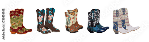 Set of western cowboy boots. Stylish decorative cowgirl boots embroidered with traditional american symbols. Realistic hand drawn vector illustration