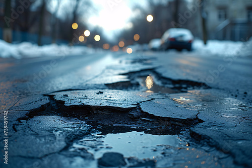 Close-up of a potholed city street in winter twilight