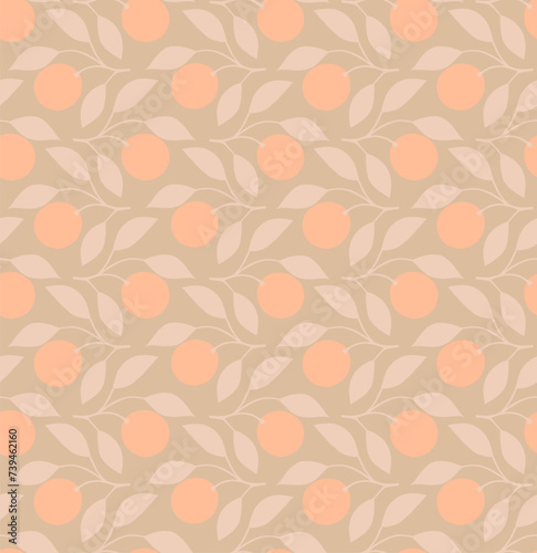 Neutral vintage botanical vector pattern with peaches on branches. Floral seamless design in neutral colors like beige and peach. Retro style pattern with hand drawn peaches.