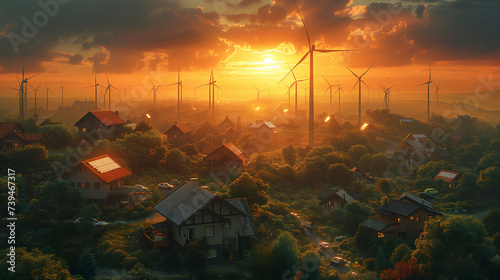 Alternative electricity sources, wind turbines integrated into a village with houses, during golden hour, presenting a a greener future