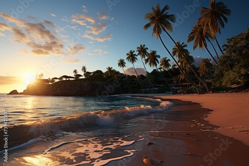 The sun is setting on a tropical beach, casting warm hues of orange and pink across the sky and reflecting off the calm ocean waves