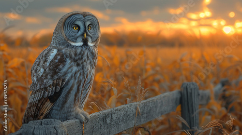 Late day sun illuminates the piercing yellow eyes of a great grey owl