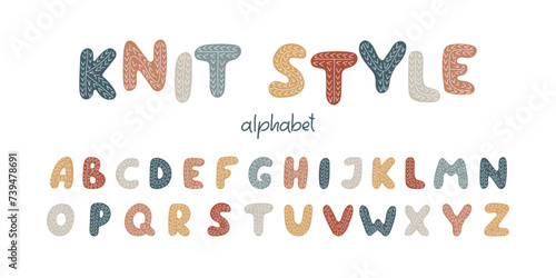 Knitting style hand drawn Alphabet. Capital multicolored Letters with Knitted Crocheted pattern. Cute abstract font for design Handmade products, Needlework store labels