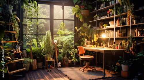 A cozy home workspace adorned with lush green plants, creating a serene and inspiring environment for productivity and creativity in the comfort of ones own home.