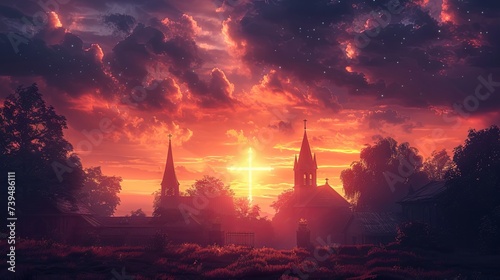 Serene Sunset Ash Wednesday Background with Church Steeples