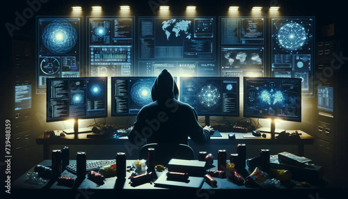  From behind a hacker, who is deeply engrossed in work in front of illuminated computer monitors, each displaying intricate data points