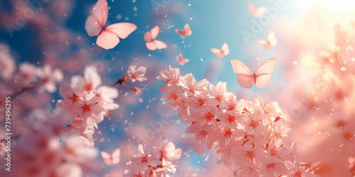 満開の桜と沢山の蝶々