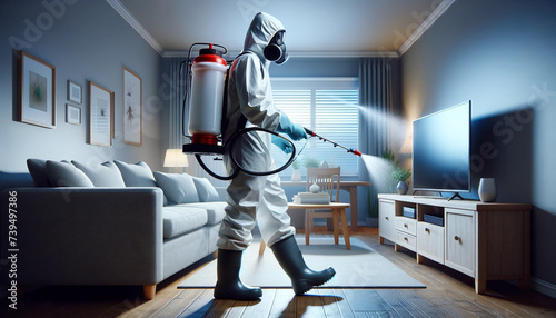 A faceless pest control worker in a full protective suit.
