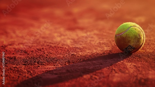 Close-up of tennis ball on red clay tennis court surface. The color palette is vibrant, with sharp contrast drawing attention to the tennis ball.