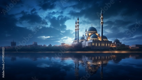 Beautiful mosque illuminated in the soothing blue moonlight. A Ramadan moon and the mosque. Photo of crescent for the occasion of Eid ul fitr