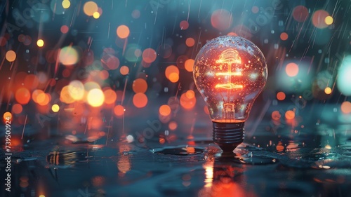 Radiant Light Bulb on Wet Surface - A glowing light bulb stands on a wet surface, reflections creating a dazzling effect