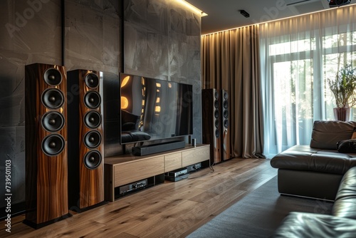 Elegant Living Room Sound System - An elegant sound system setup in a living room, blending high-quality audio with luxurious home decor.