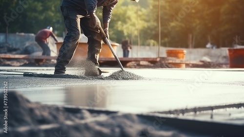 Construction technician using concrete vibration generator. leveling the concrete floor.