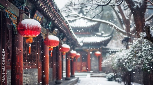 photograph featuring a traditional ancient Chinese-style building, adorned with red lanterns, set against a picturesque snowy backdrop